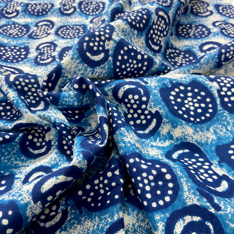 Blue White Abstract Pattern Washed Indigo Digital Print Cotton Fabric