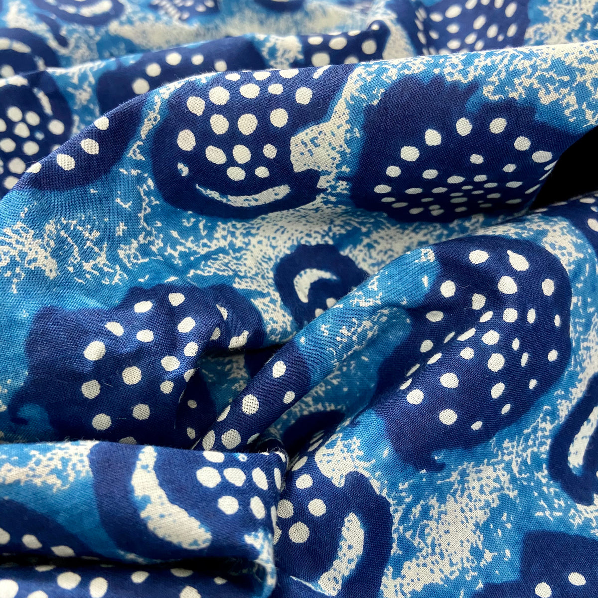 Blue White Abstract Pattern Washed Indigo Digital Print Cotton Fabric — view 3