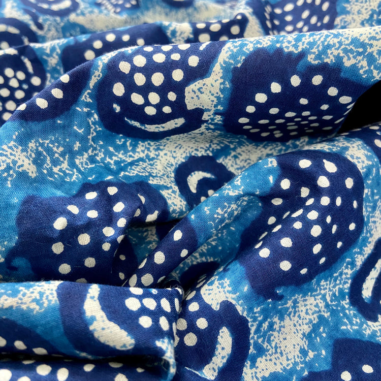 Blue White Abstract Pattern Washed Indigo Digital Print Cotton Fabric