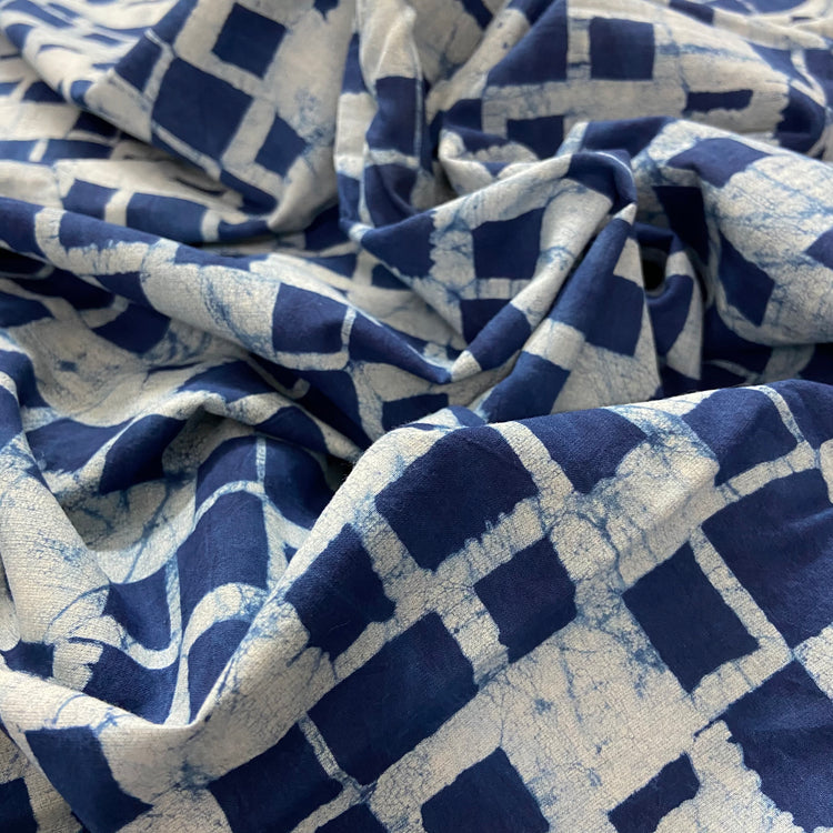 Blue White Geometric Pattern Washed Indigo Digital Print Cotton Fabric