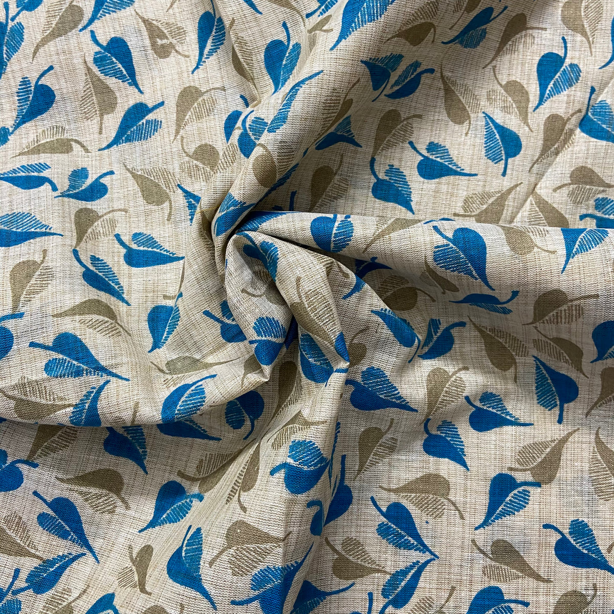 Blue and Gold Leaf Screen Print on Off-White Cotton Fabric