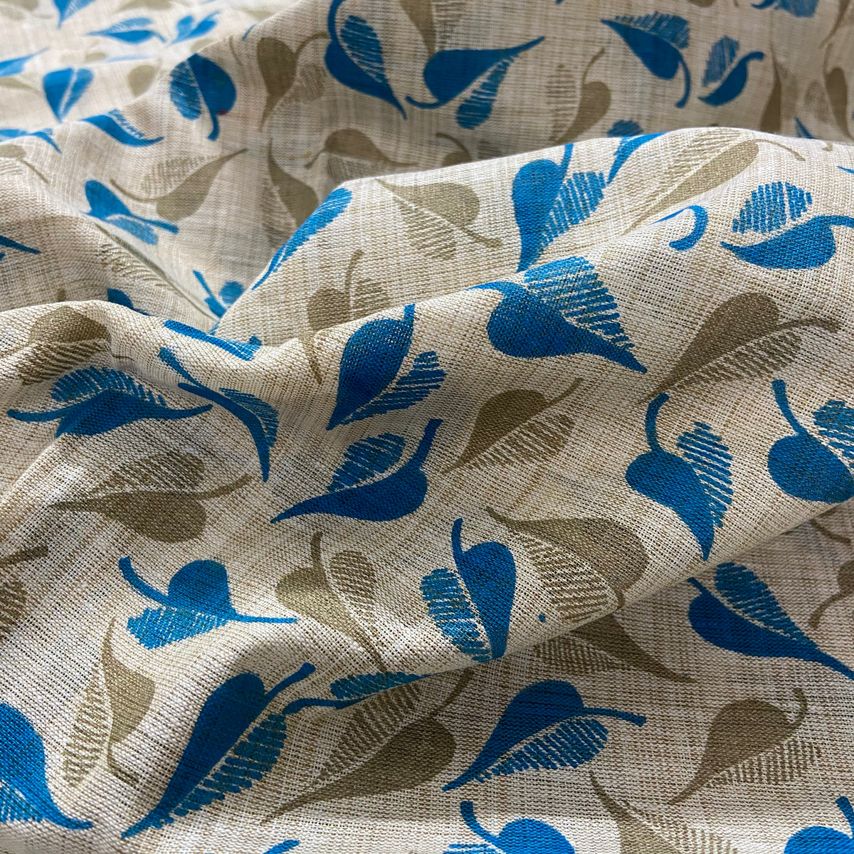 Blue and Gold Leaf Screen Print on Off-White Cotton Fabric — view 3