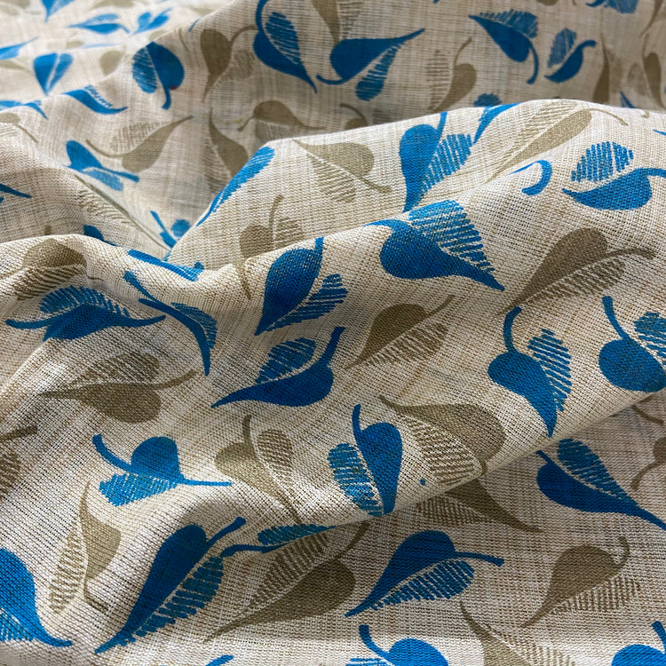 Blue and Gold Leaf Screen Print on Off-White Cotton Fabric