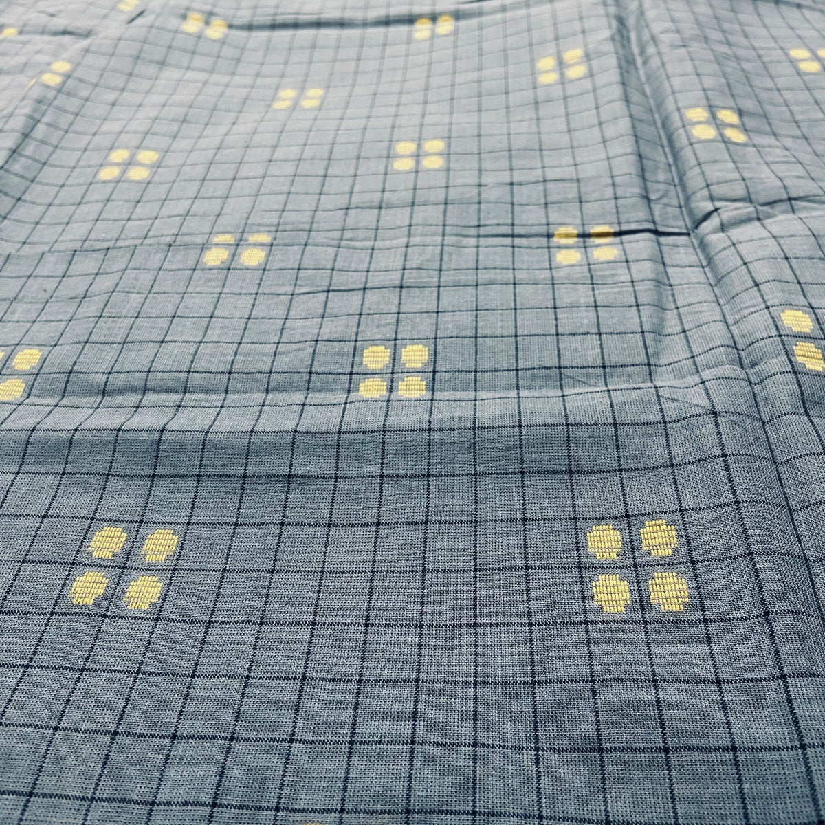 Woven Yellow Dot on Grey Checks Pattern Cotton Fabric — view 2