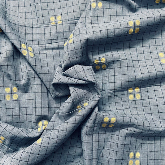 Woven Yellow Dot on Grey Checks Pattern Cotton Fabric