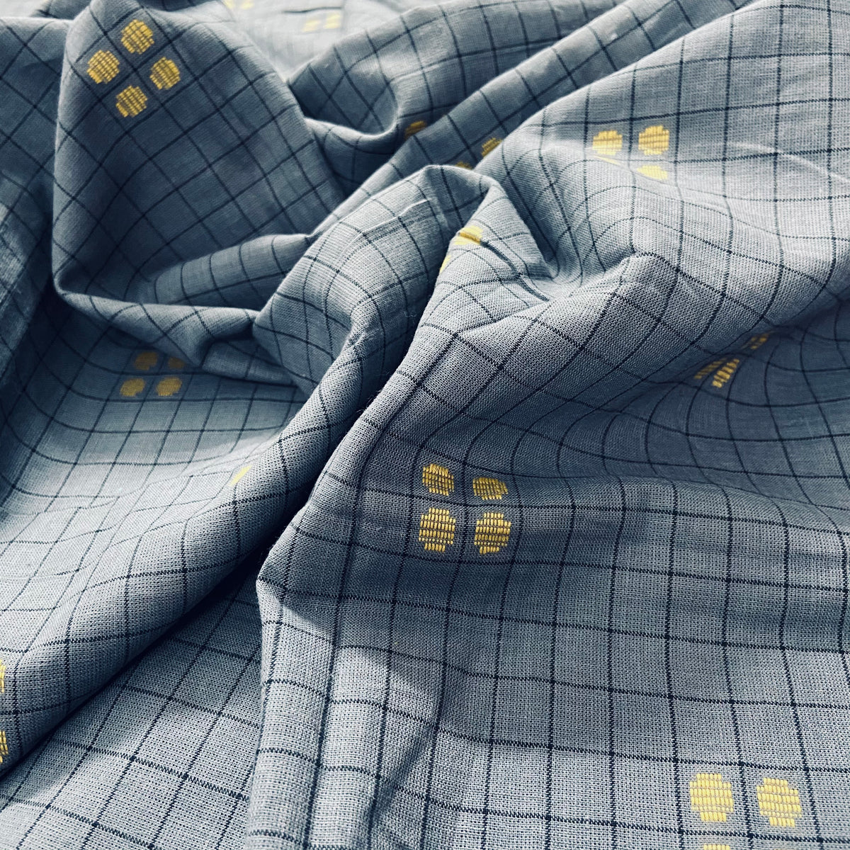 Woven Yellow Dot on Grey Checks Pattern Cotton Fabric — view 3