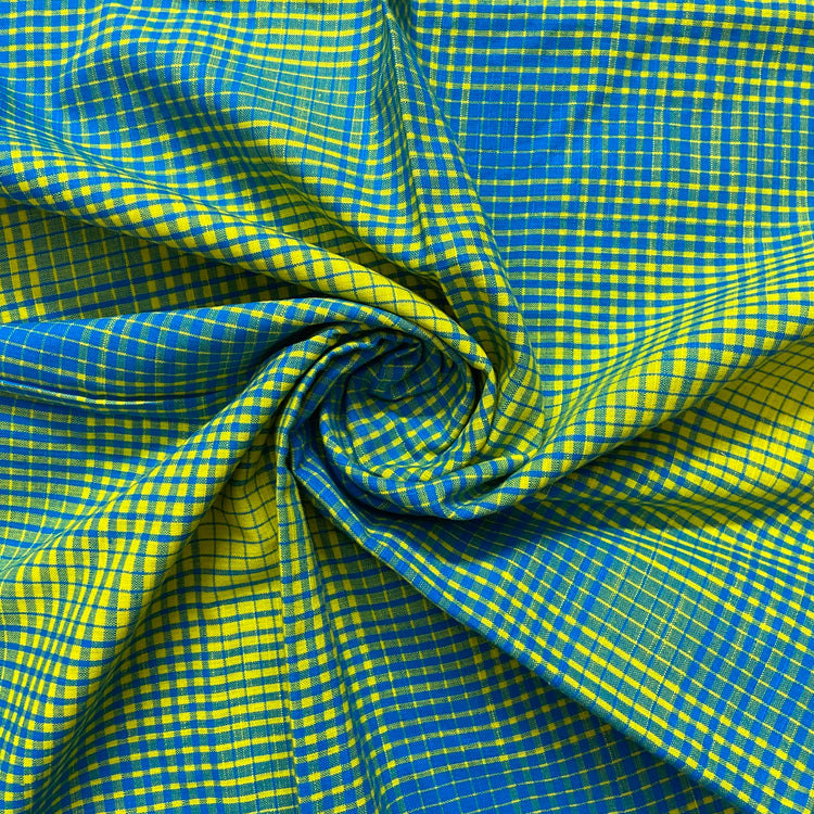 Lemon Yellow and Blue Checks Pattern Cotton Fabric