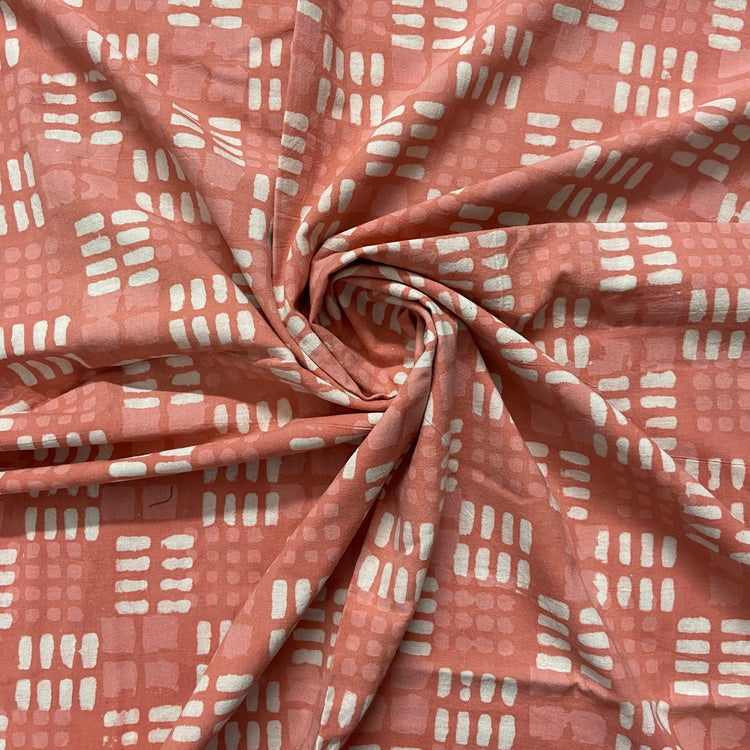 Coral Peach Geometric Pattern Hand Bock Print on Cotton Fabric