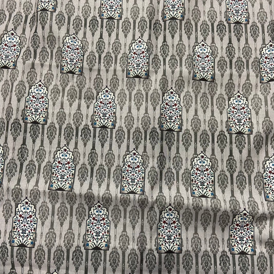 Basalt Grey Floral Pattern Screen Print on Cotton Fabric
