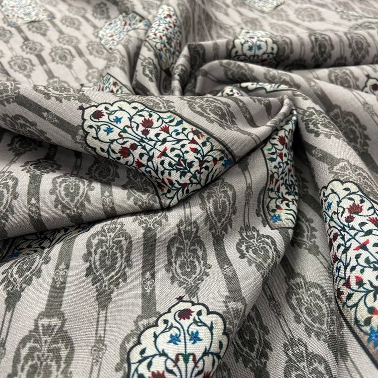 Basalt Grey Floral Pattern Screen Print on Cotton Fabric