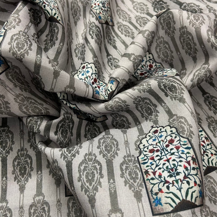 Basalt Grey Floral Pattern Screen Print on Cotton Fabric