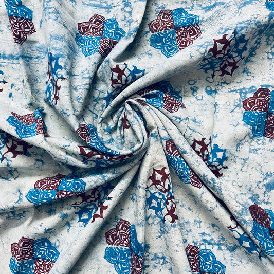 Bluish White Abstract Pattern Washed Indigo Digital Print Cotton Fabric