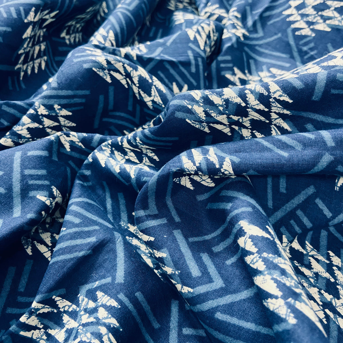 Geometric Pattern Indigo Hand Block Print Cotton Fabric — view 3