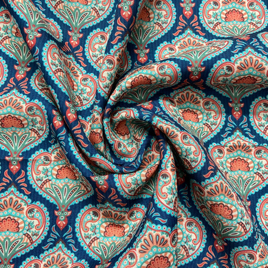 Floral Pattern Screen Print on Blue Cotton Fabric