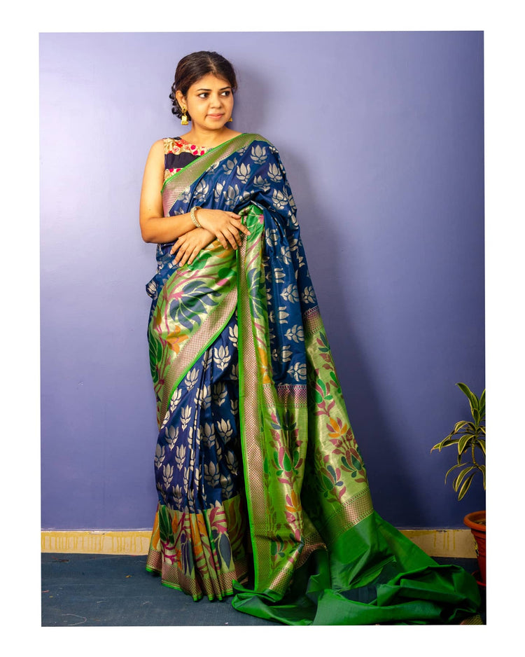 Pure Prussian Blue Banarasi Katan Silk Sari