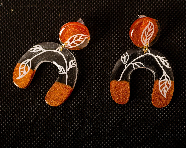Meraki - Gold and Clear Resin Earrings with Free Hand Art.