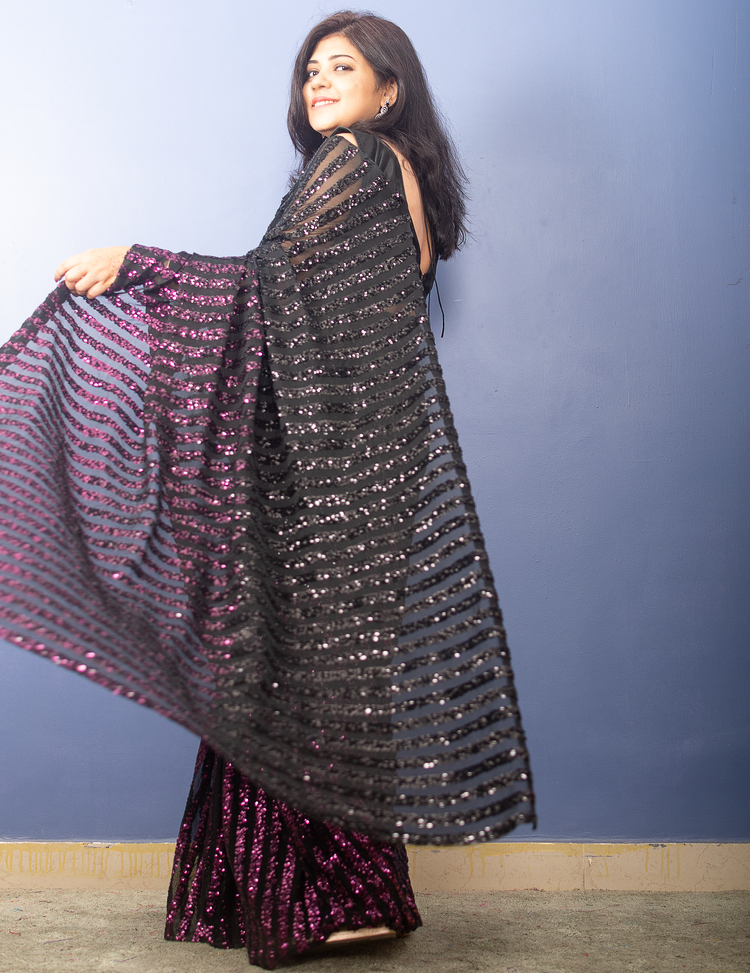 Pink to Black Shaded Sequin Sari