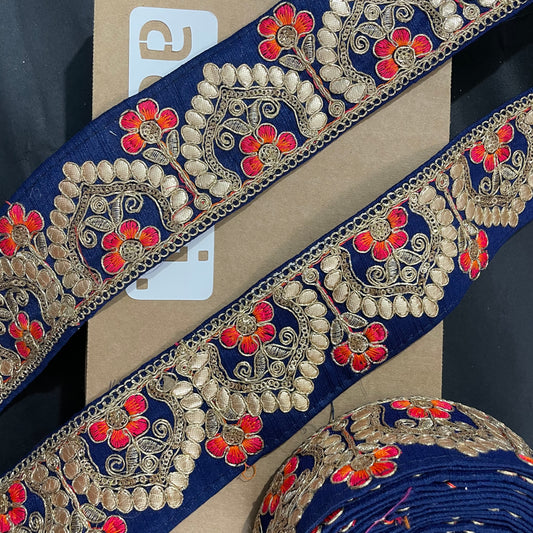 Royal Blue Embroidered Lace 9 Meters Roll