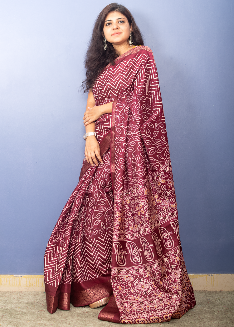 Wine Bandhni Printed Crepe Silk Sari