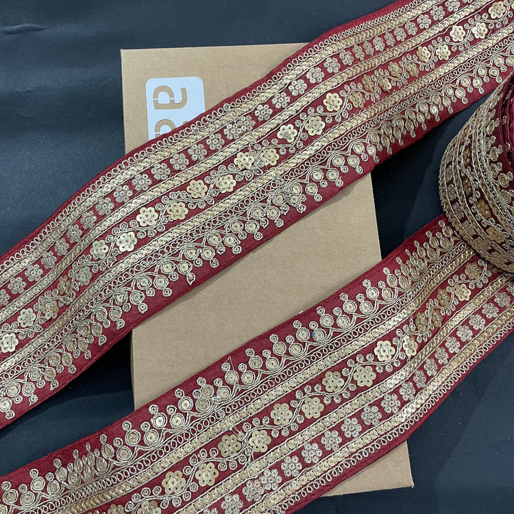 Maroon Embroidered Lace 9 Meters Roll