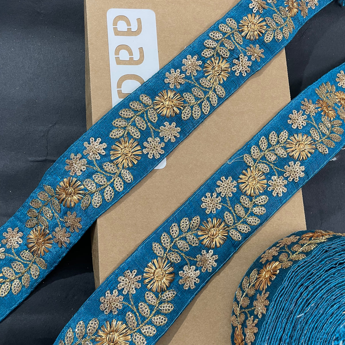 Cyan Embroidered Lace 9 Meters Roll — view 2