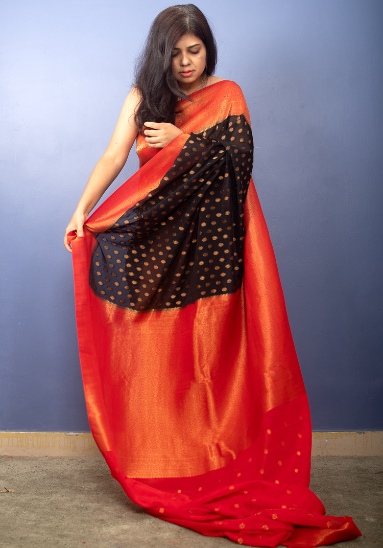 Black with Red Border Banarasi Georgette Sari With Silver Zari Work