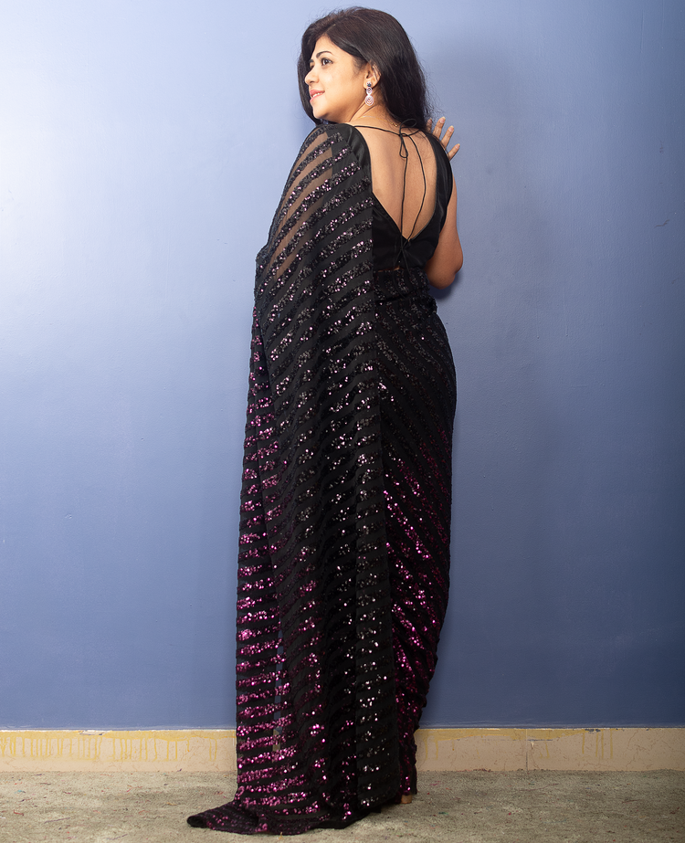 Pink to Black Shaded Sequin Sari