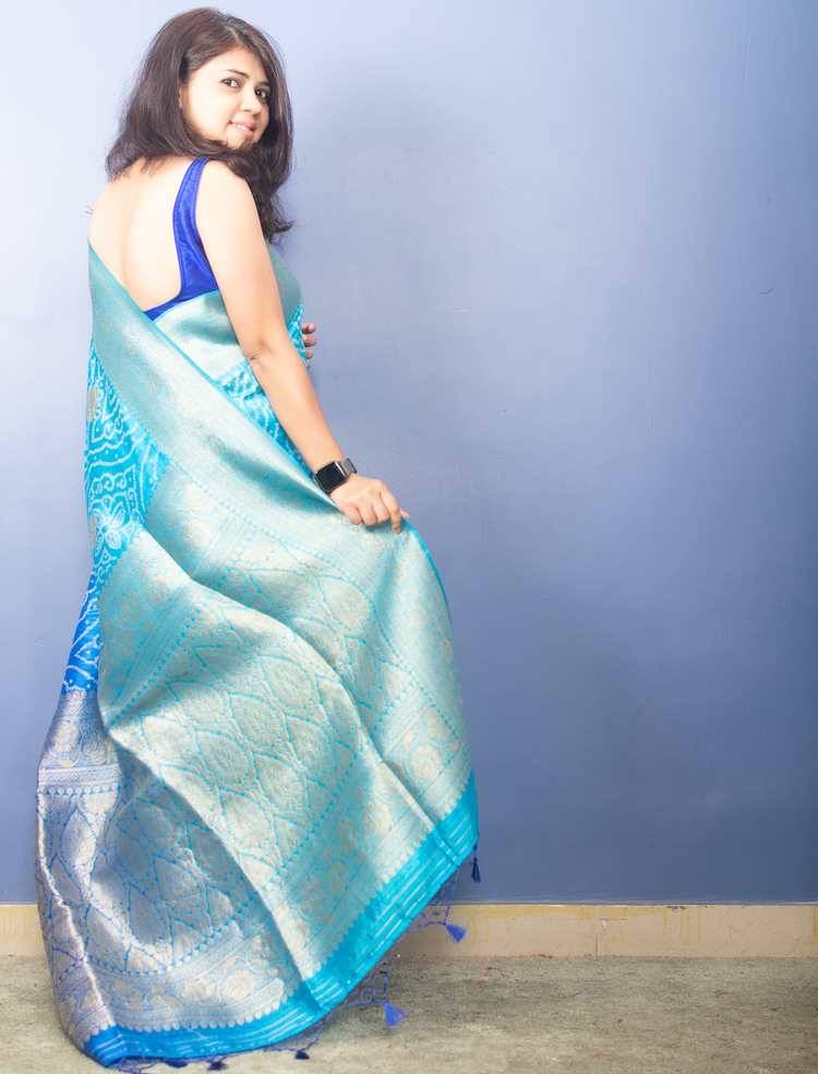 Blue Dual Shaded Jute Silk Banarasi Sari