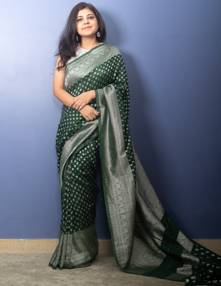 Green Banarasi Georgette Sari With Silver Zari Work