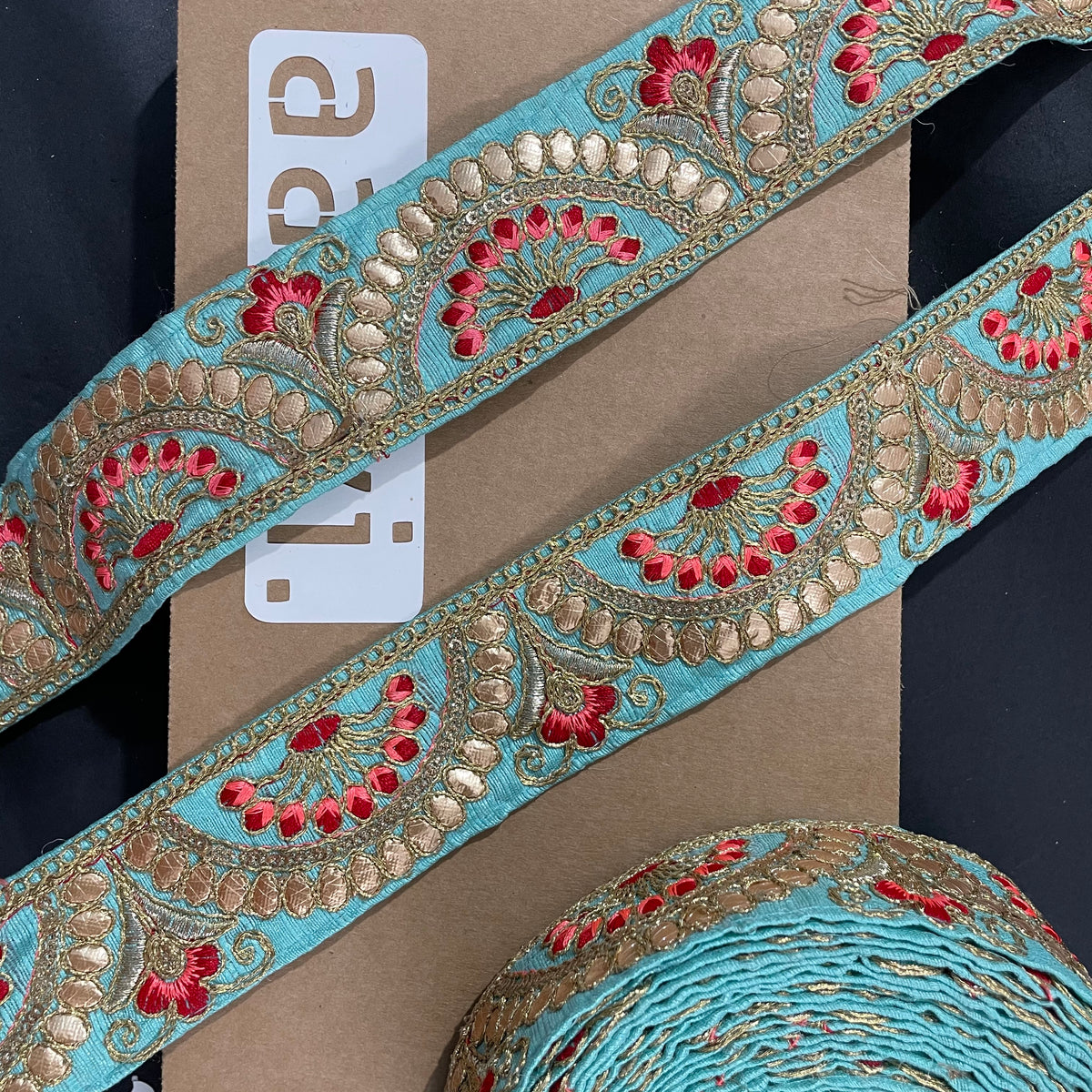 Sky Blue Embroidered Lace 9 Meters Roll