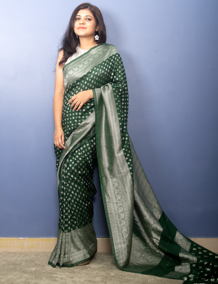 Green Banarasi Georgette Sari With Silver Zari Work