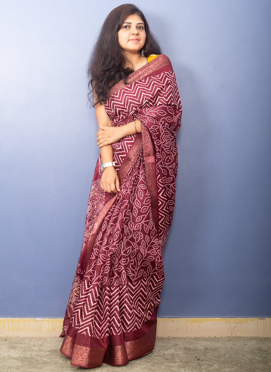 Wine Bandhni Printed Crepe Silk Sari