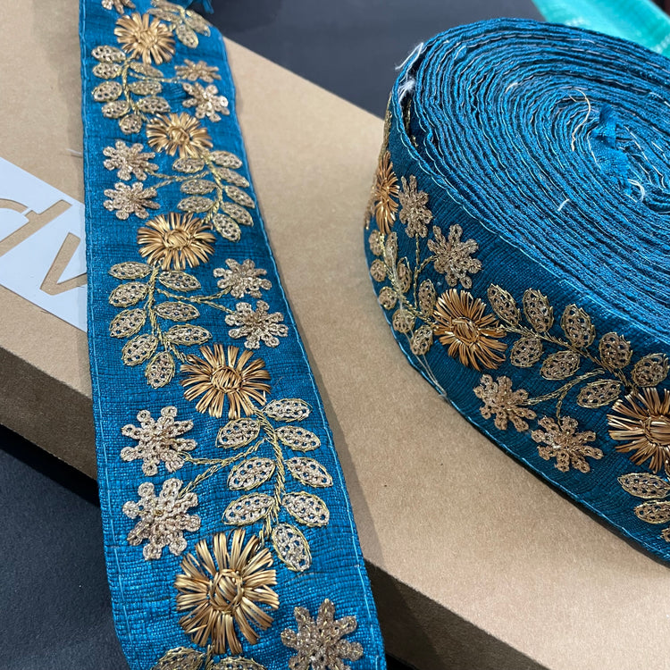 Cyan Embroidered Lace 9 Meters Roll