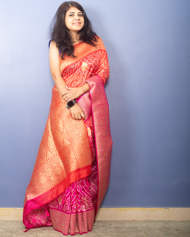 Pink Orange Shaded Jute Silk Banarasi Sari