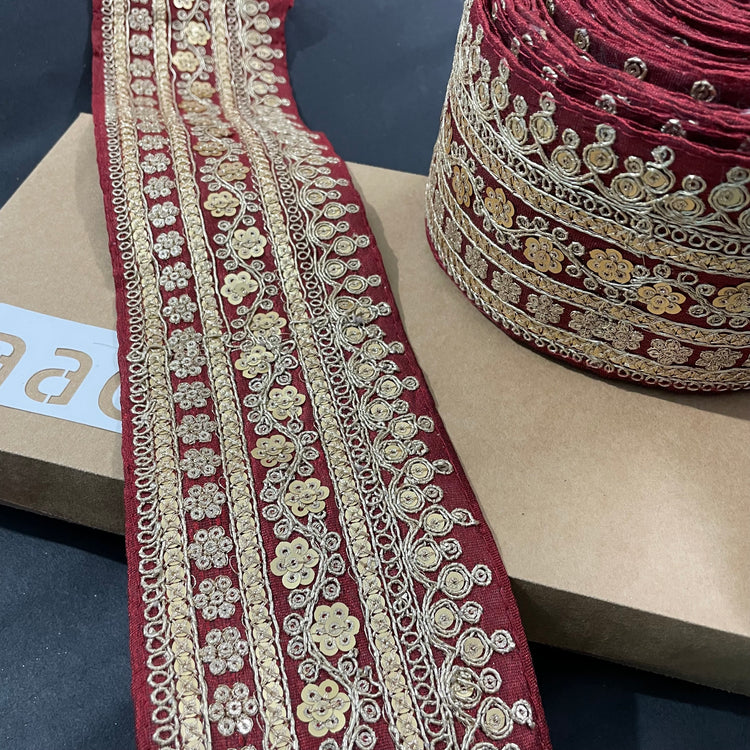 Maroon Embroidered Lace 9 Meters Roll