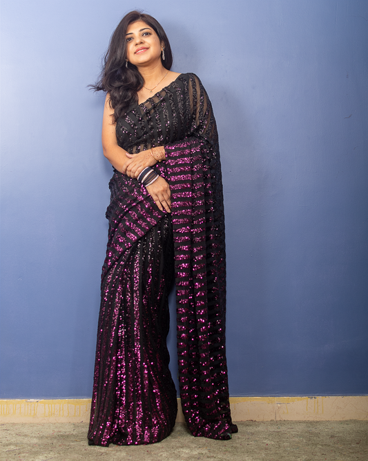 Pink to Black Shaded Sequin Sari
