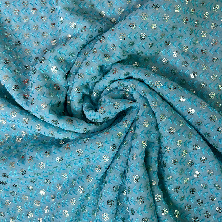 Light Blue Georgette With Sequin Embroidery Fabric