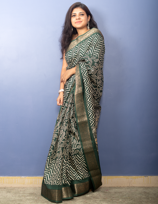 Deep Green Bandhni Printed Crepe Silk Sari
