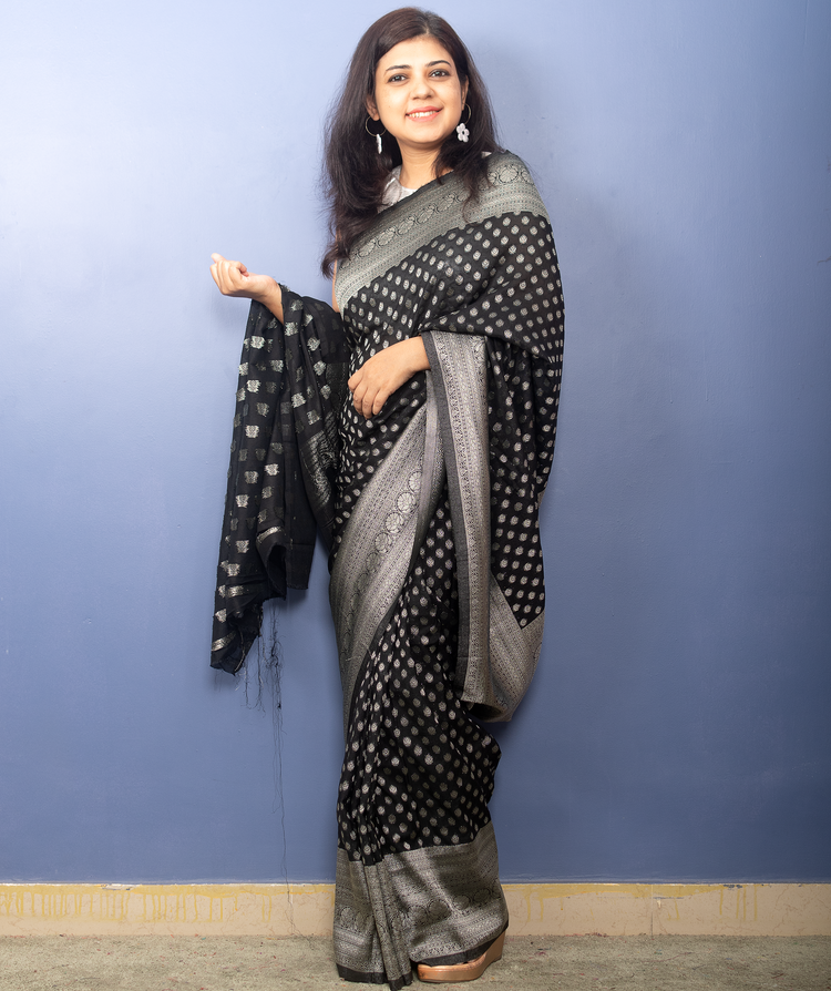 Black Banarasi Georgette Sari With Silver Zari Work