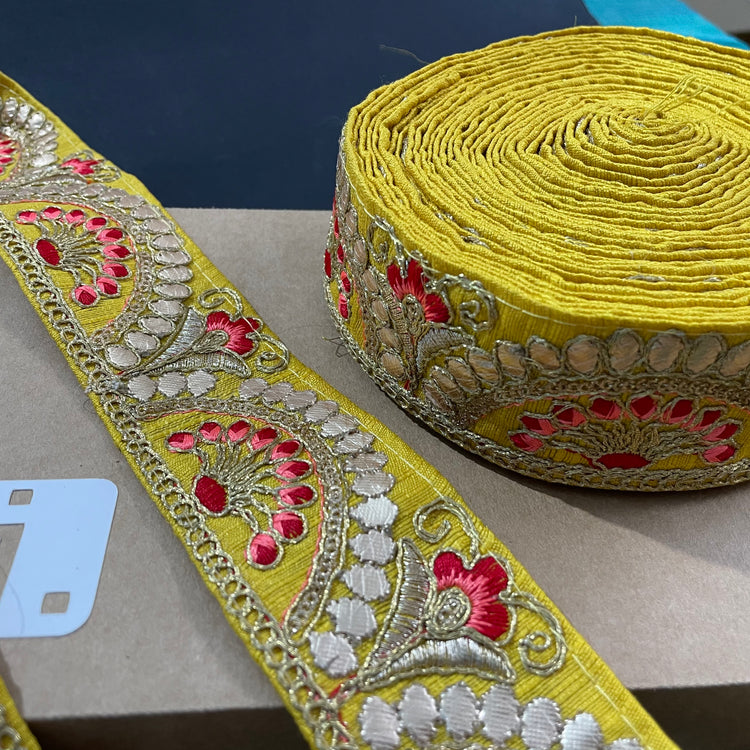 Yellow Embroidered Lace 9 Meters Roll