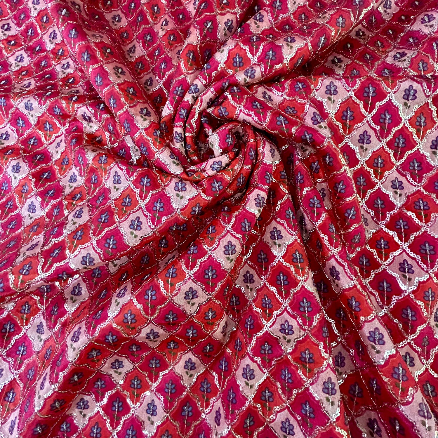 Multi Color Pink Red Shade With Sequin Embroidery Fabric