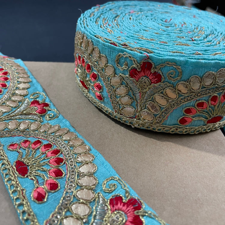 Sky Blue Embroidered Lace 9 Meters Roll