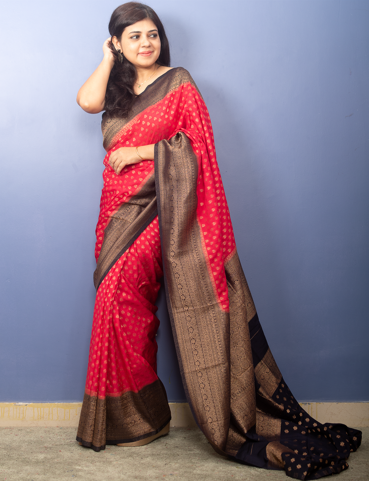 Red with Black Border Banarasi Georgette Sari With Silver Zari Work